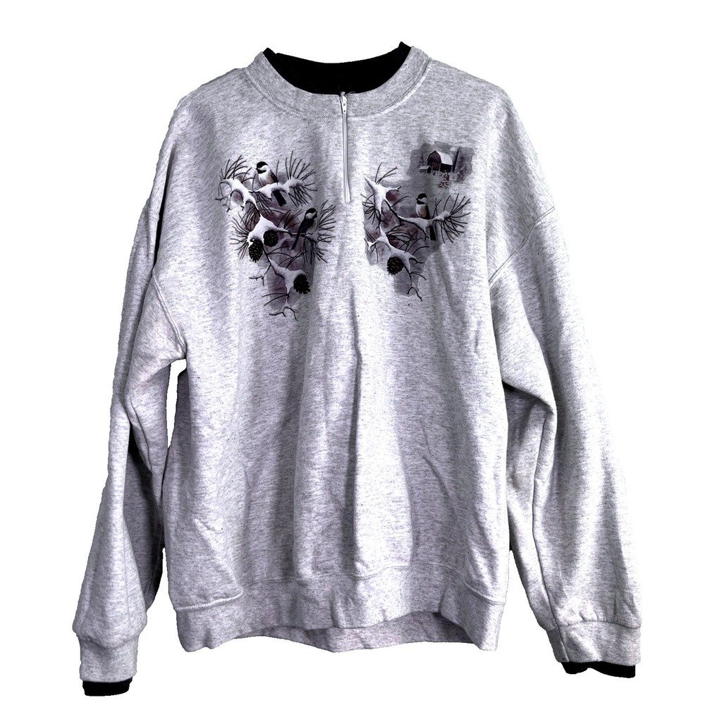 PFI Fashions Sweatshirt Women 2X Gray Chickadee Winter Quarter Zip Vintage Cabin
